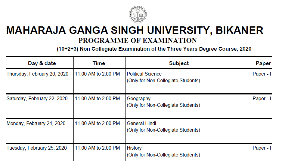 MGSU BA 1st 2nd 3rd Year Time Table 2023