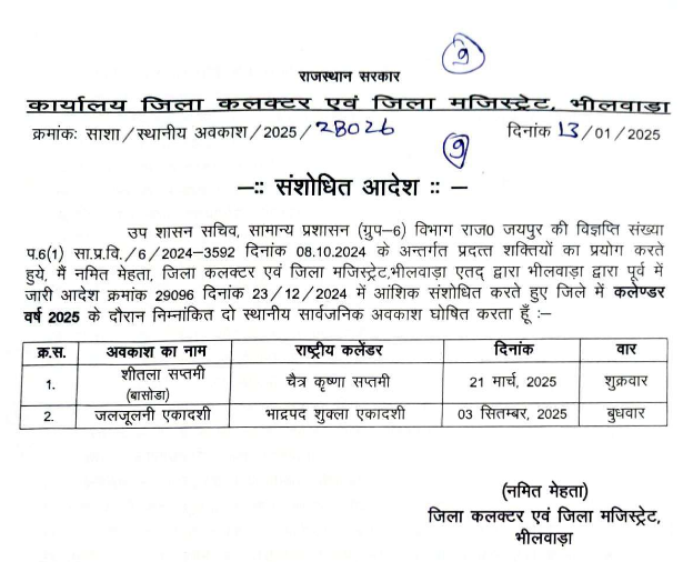 भीलवाड़ा जिला कलेक्टर ने जारी किए 2025 के स्थानीय अवकाश आदेश